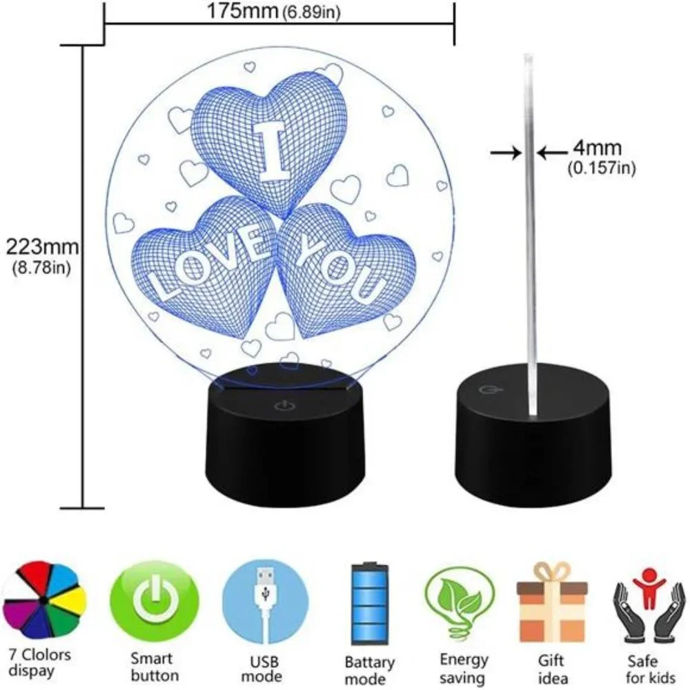 3D I Love You Illusion Night Light 16 Colors Changing Smart Touch Remote Control